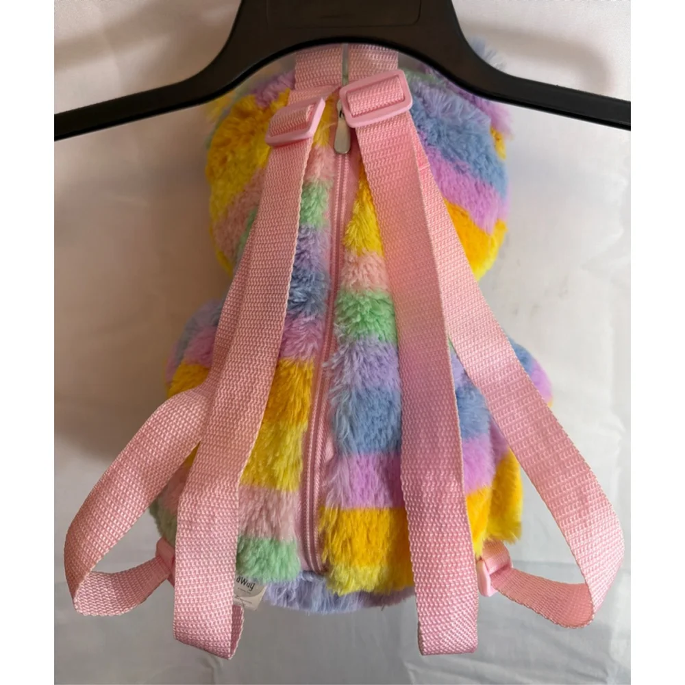 Rainbow Teddy Bear Plush Backpack Toddler Kids Pink Straps Carried Away